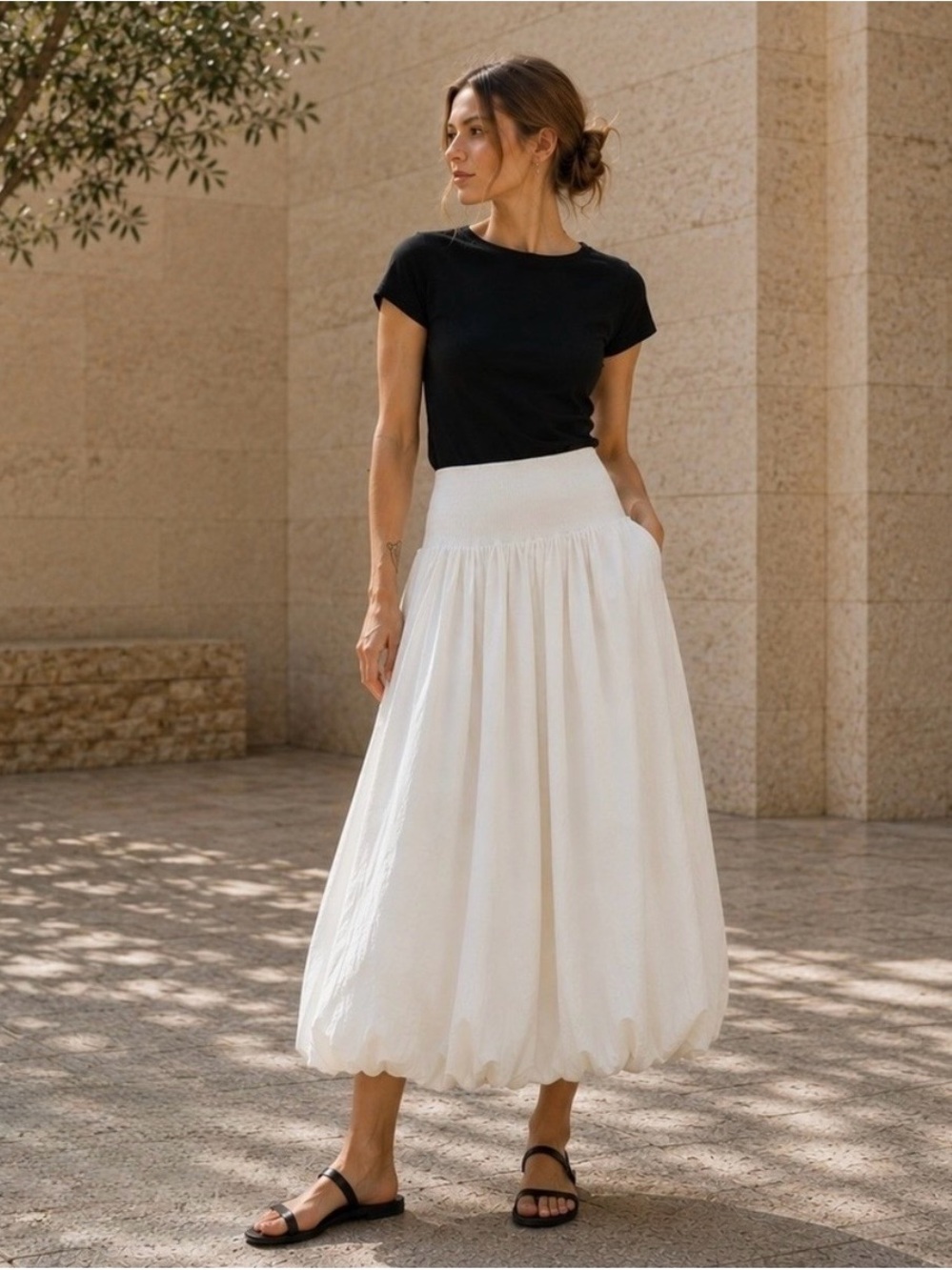 Elegant Emerson Lang White Maxi Skirt with Smocked Waist